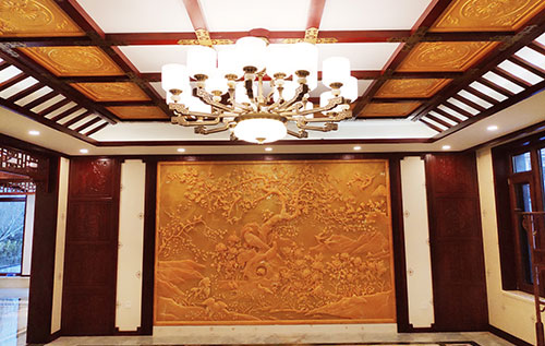 荣昌中式别墅客厅中式木作横梁吊顶装饰展示
