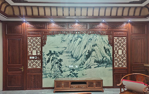 荣昌中式仿古别墅客厅背景墙花格木作装饰